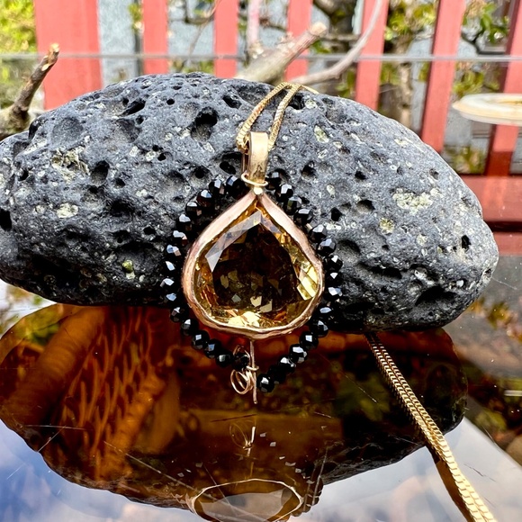 Natural Black Spinel Citrine Pendant Solid 14k Yellow Gold - no Chain - Picture 6 of 10